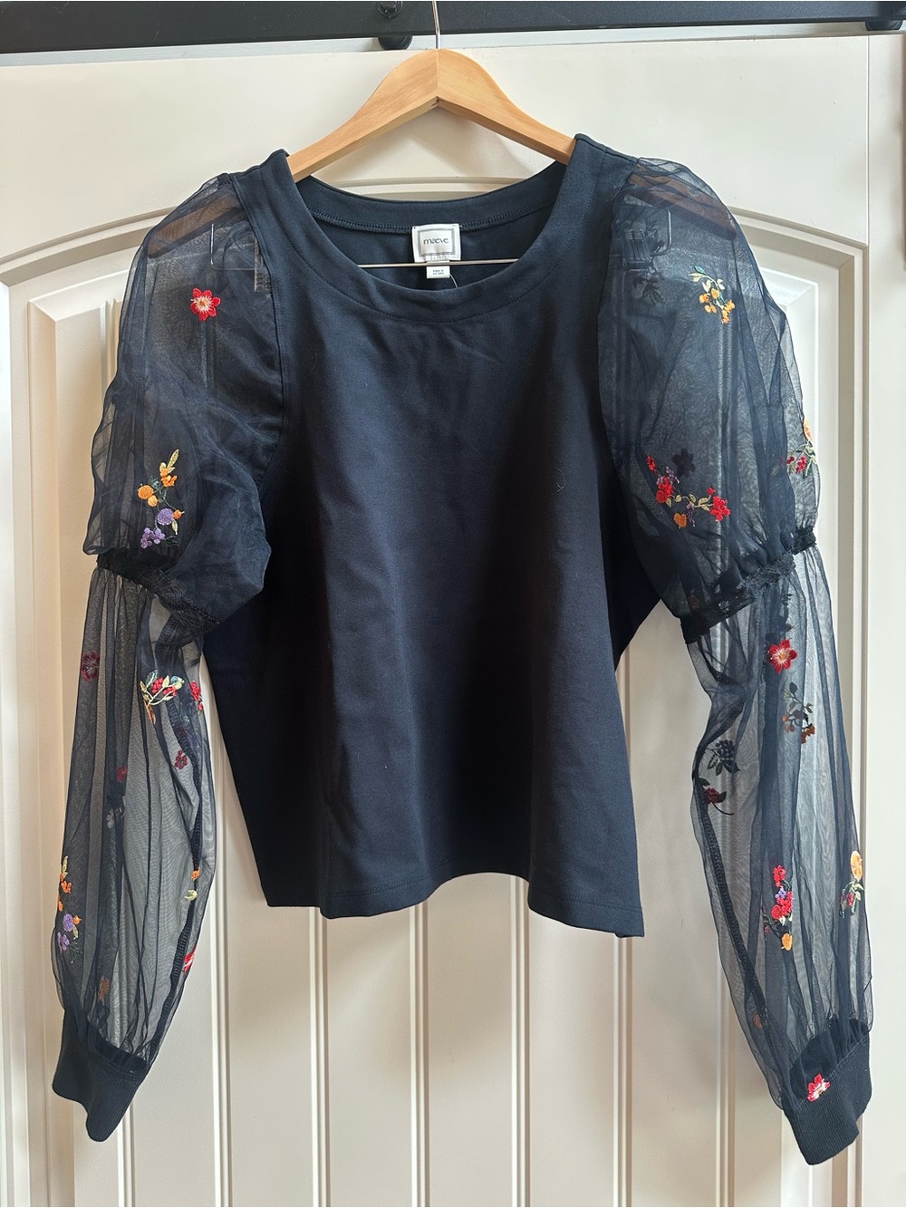 Maeve Anthropologie Black Embroidered Sheer Sleeve Top Large